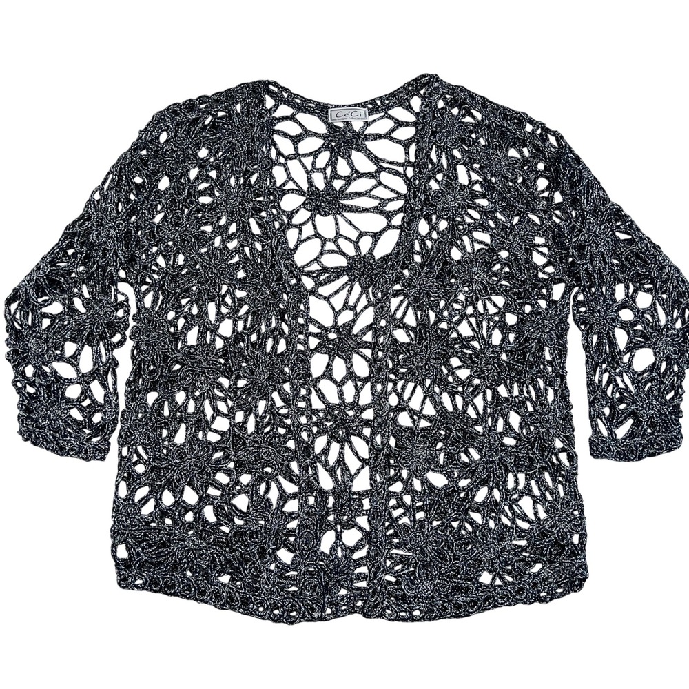 Ce'Ci Designer Collection Black Silver Metallic Crochet‎ Cardigan Top